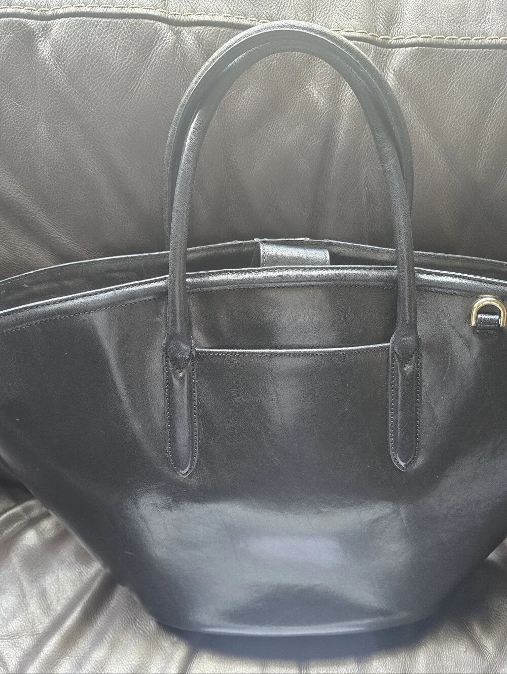 Brahmin Black Leather Satchel with Snake-Print Stripe - Picture 3 of 7